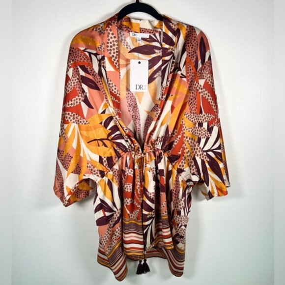 NWT DR2 Daniel Rainn Tropical Satin Ruana Wide 3/4 Sleeves Beaded Drawstring S/M - Picture 3 of 16
